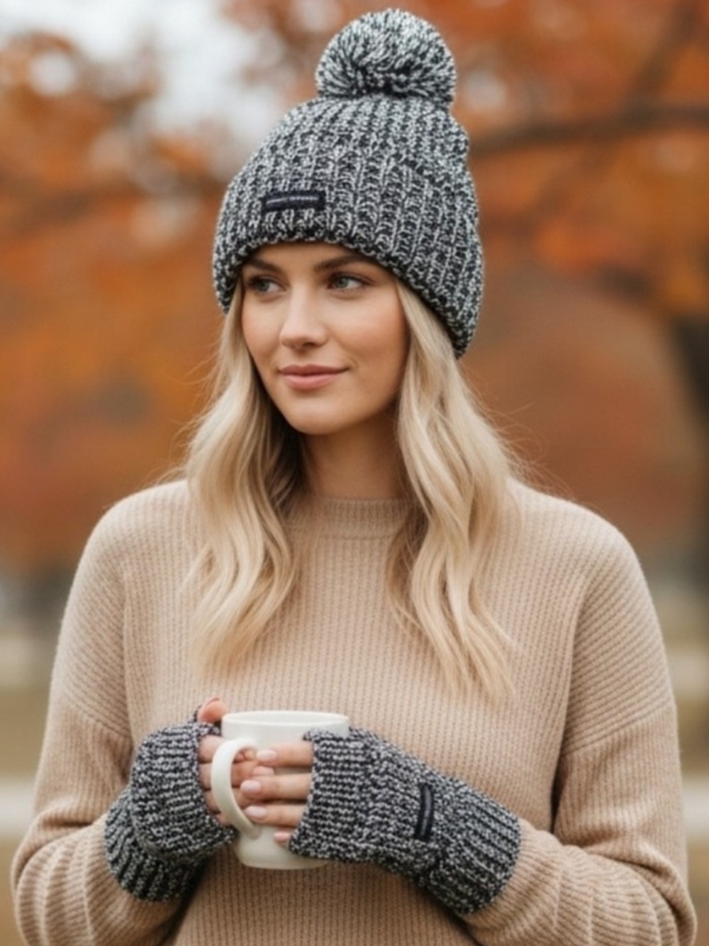 Rebecca Minkoff Black & White Knit Beanie Pom Hat + Arm Warmers Set
